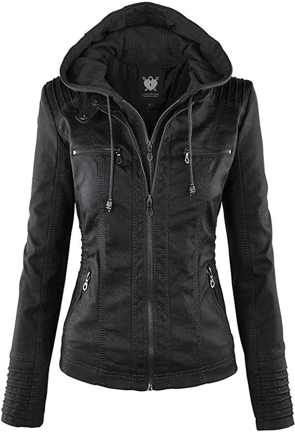 photo de Lock and Love Women's Removable Hooded Faux Leather Moto Biker Jacket